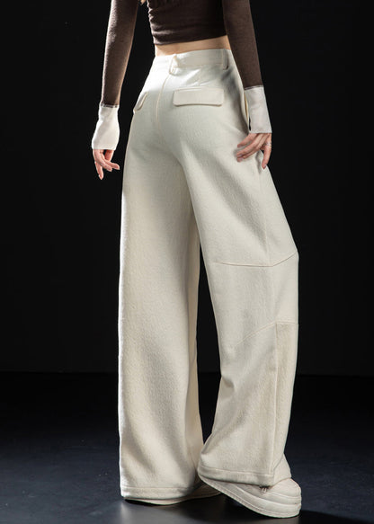 Fitted Milk White Oversized Woolen Straight Pants Spring