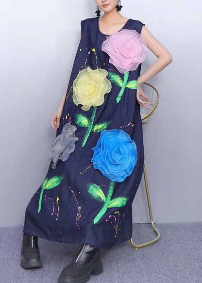 Fitted Navy Painting Multicolored Floral Denim A Line Dress Sleeveless