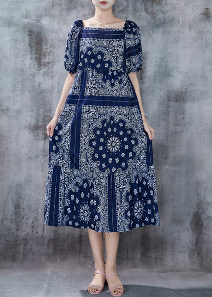 Fitted Navy Square Collar Print Cotton Dresses Puff Sleeve
