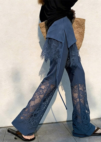 Fitted Navy Straight Pants Lace Patchwork Summer