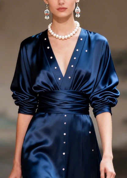Fitted Navy V Neck Nail Bead Draping Silk Party Dress Long Sleeve