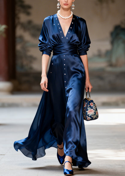 Fitted Navy V Neck Nail Bead Draping Silk Party Dress Long Sleeve