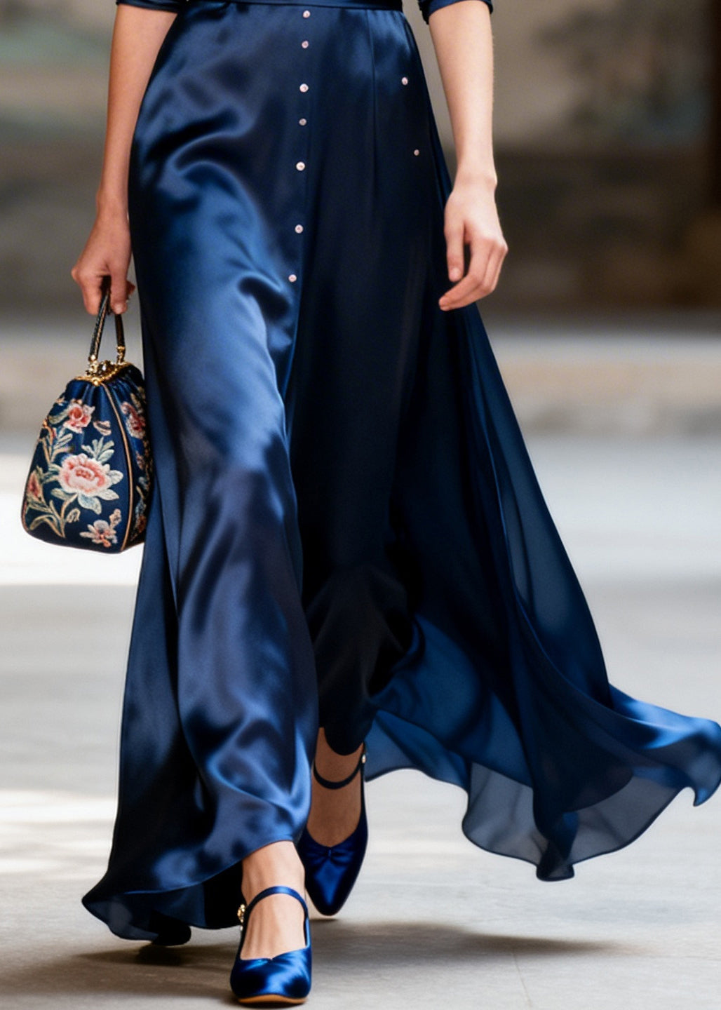 Fitted Navy V Neck Nail Bead Draping Silk Party Dress Long Sleeve