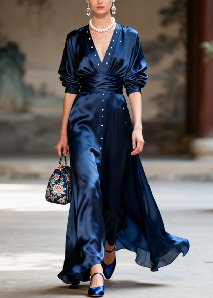 Fitted Navy V Neck Nail Bead Draping Silk Party Dress Long Sleeve