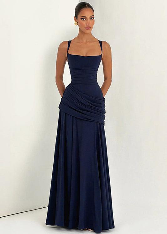 Fitted Navy Wrinkled Backless Long Spaghetti Strap Dress Summer