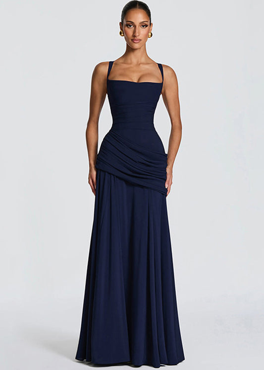 Fitted Navy Wrinkled Backless Long Spaghetti Strap Dress Summer