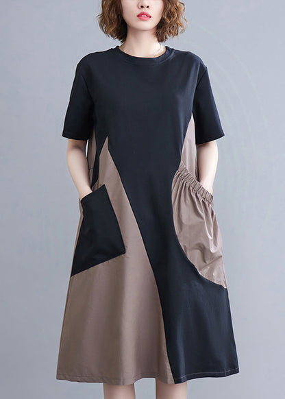 Fitted O-Neck Asymmetrical Patchwork Wrinkled Long Dresses Summer