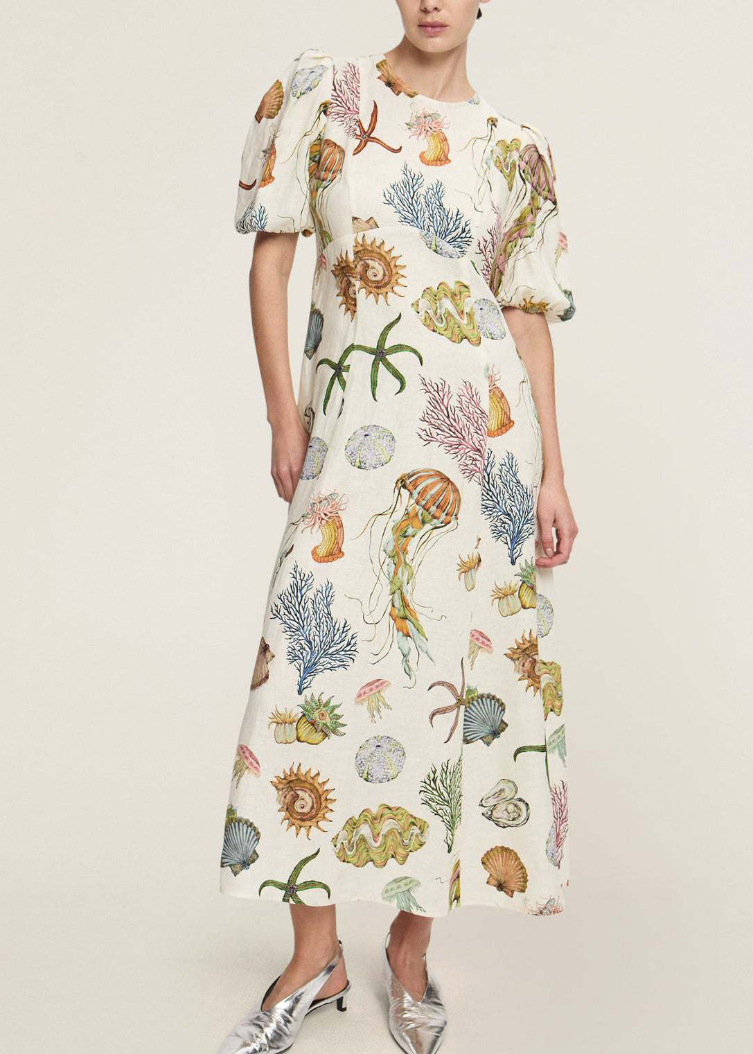 Fitted O Neck Print Cotton Long Dress Lantern Sleeve