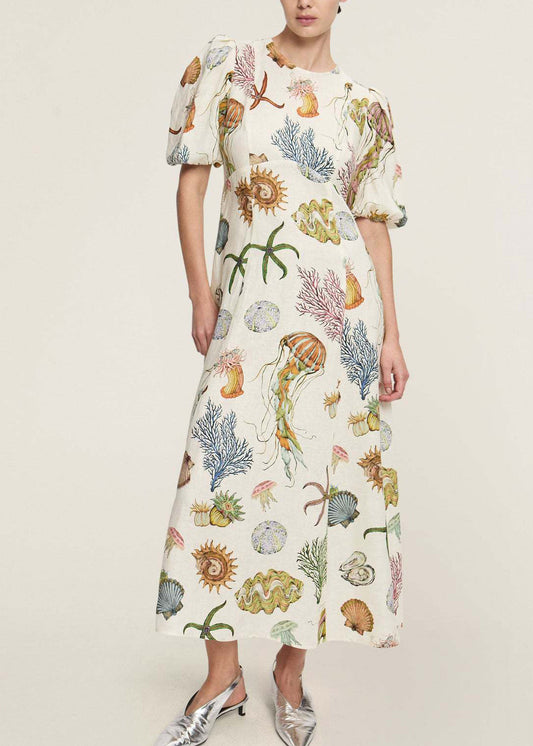 Fitted O Neck Print Cotton Long Dress Lantern Sleeve