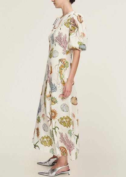 Fitted O Neck Print Cotton Long Dress Lantern Sleeve