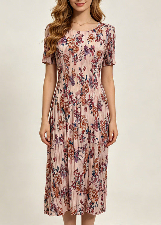 Fitted O-Neck Print Holiday Maxi Dress Short Sleeve