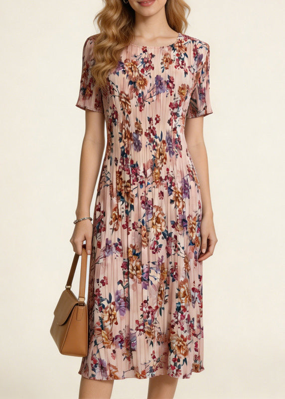 Fitted O-Neck Print Holiday Maxi Dress Short Sleeve