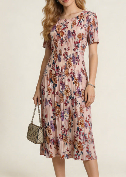 Fitted O-Neck Print Holiday Maxi Dress Short Sleeve