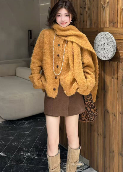 Fitted Orange Oversized Thick Wool Knit Cardigan Winter