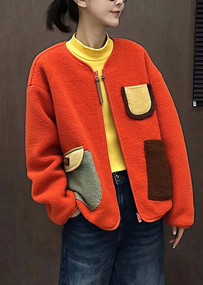 Fitted Orange Zip Up Pockets Patchwork Woolen Coats Winter
