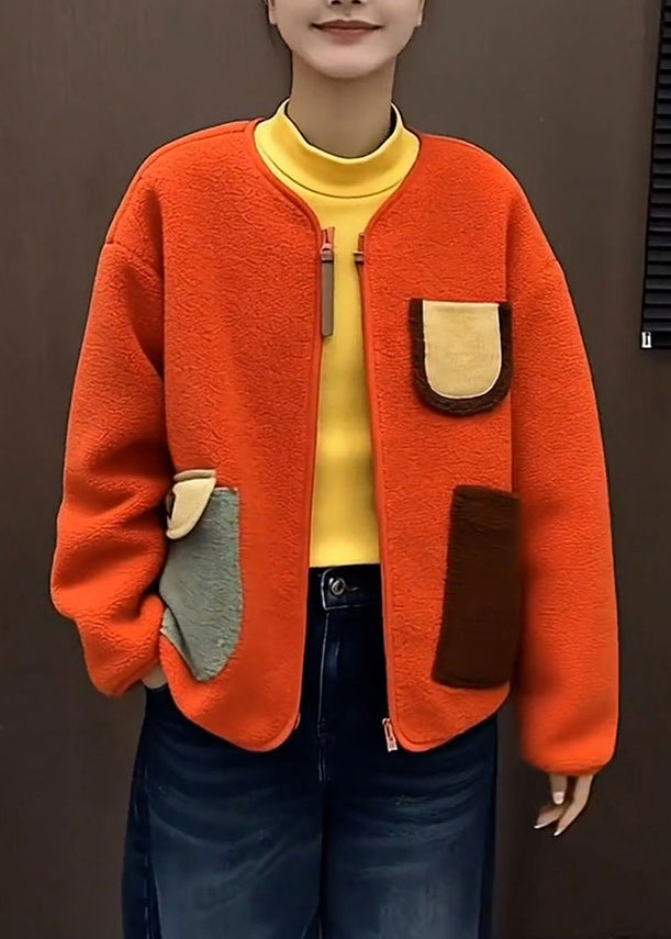 Fitted Orange Zip Up Pockets Patchwork Woolen Coats Winter