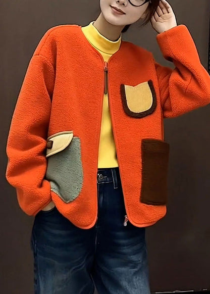 Fitted Orange Zip Up Pockets Patchwork Woolen Coats Winter
