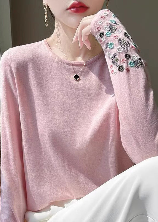 Fitted Pink Embroidered Thin Woolen Sweaters Spring