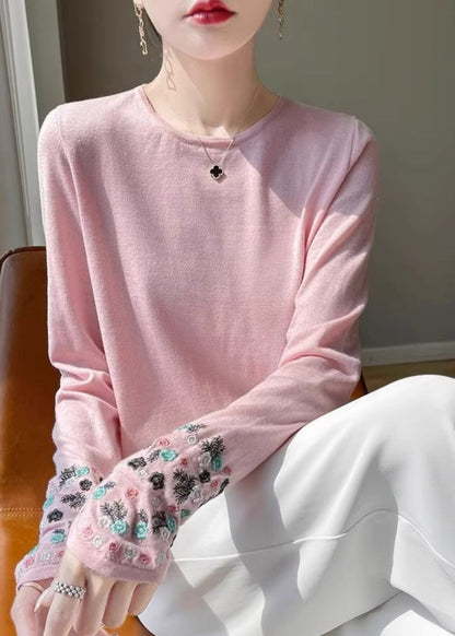 Fitted Pink Embroidered Thin Woolen Sweaters Spring