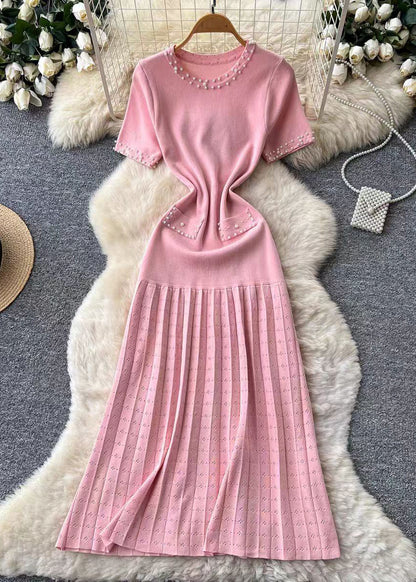 Fitted Pink Nail Bead Patchwork Wrinkled Knit Dress Summer