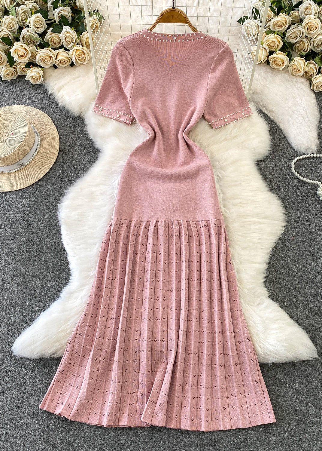 Fitted Pink Nail Bead Patchwork Wrinkled Knit Dress Summer