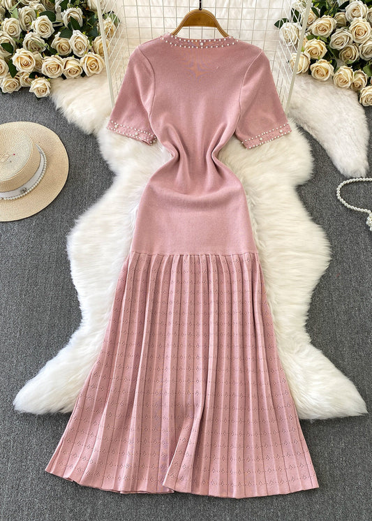 Fitted Pink Nail Bead Patchwork Wrinkled Knit Dress Summer