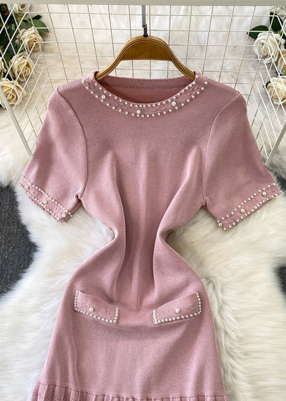 Fitted Pink Nail Bead Patchwork Wrinkled Knit Dress Summer