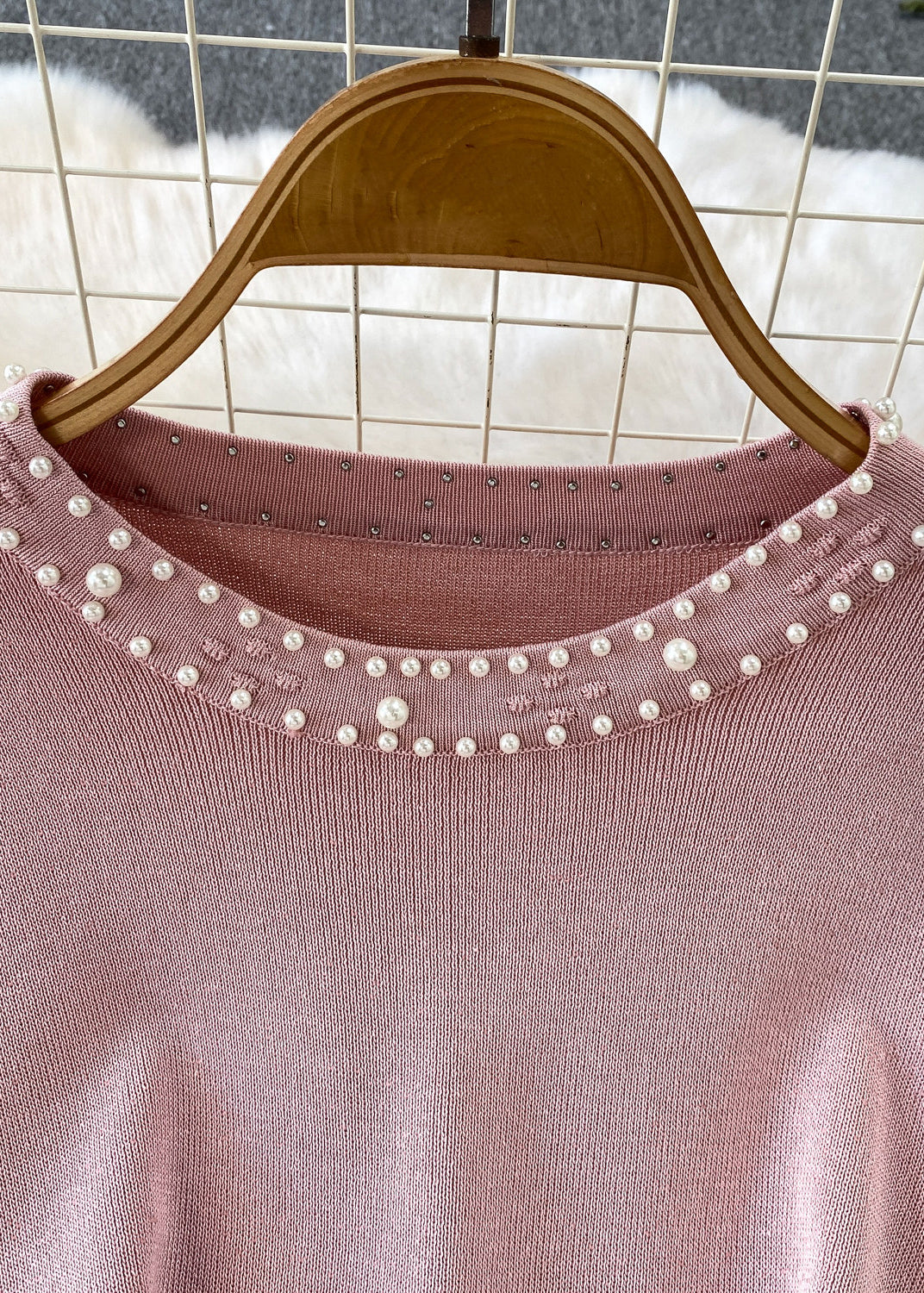 Fitted Pink Nail Bead Patchwork Wrinkled Knit Dress Summer