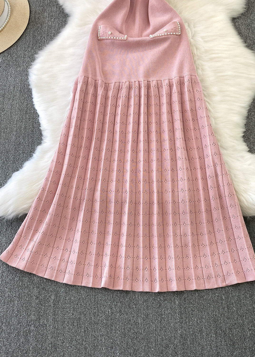 Fitted Pink Nail Bead Patchwork Wrinkled Knit Dress Summer