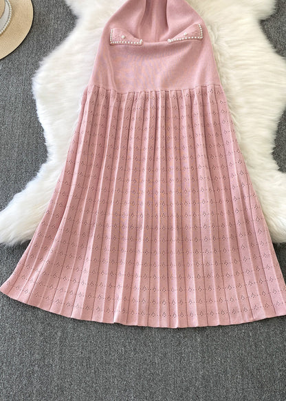 Fitted Pink Nail Bead Patchwork Wrinkled Knit Dress Summer