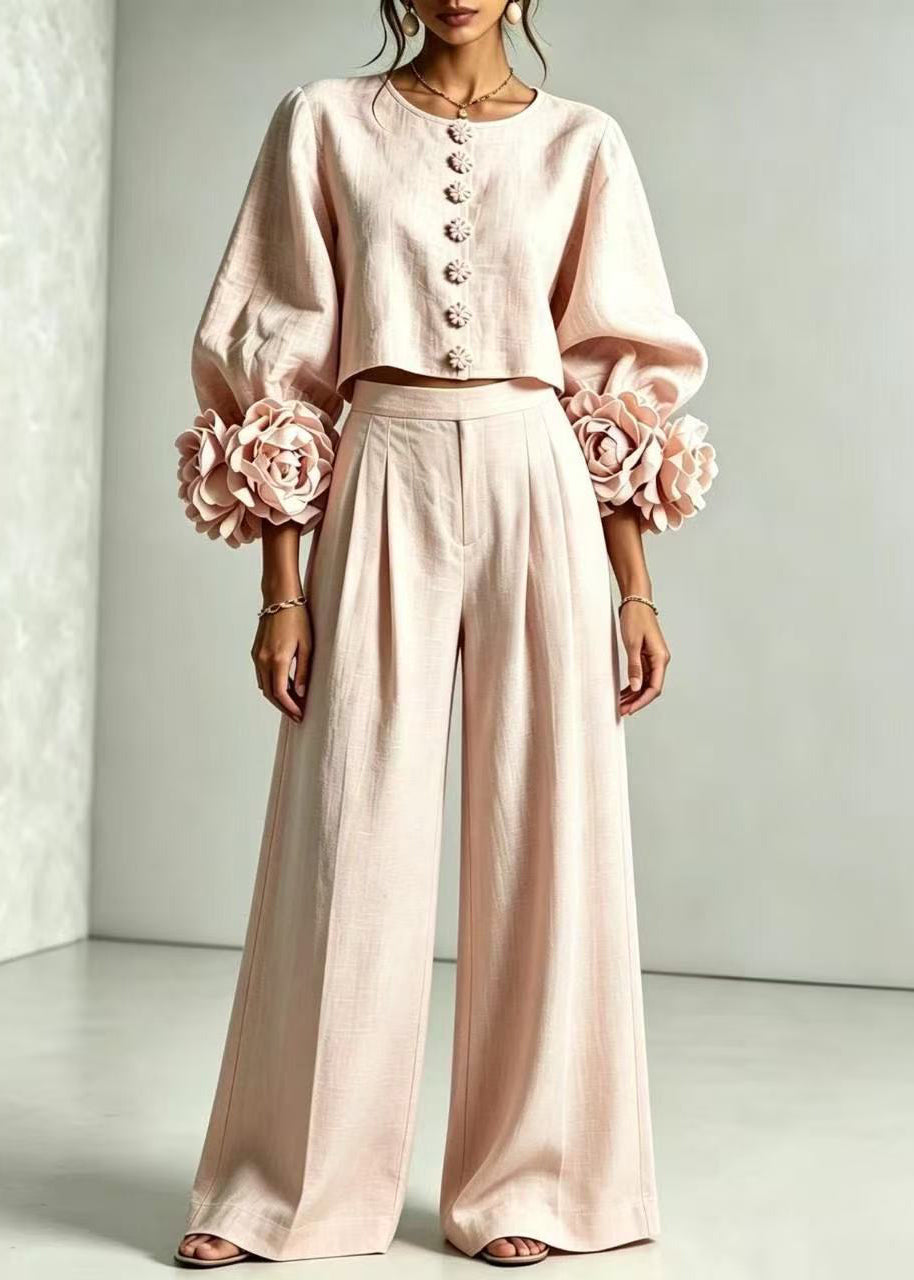 Fitted Pink O-Neck Stereoscopic Floral Top And Wide Leg Pants Two Pieces Set Fall