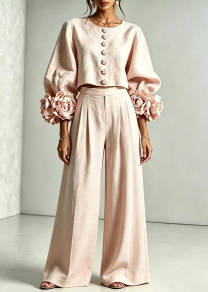 Fitted Pink O-Neck Stereoscopic Floral Top And Wide Leg Pants Two Pieces Set Fall