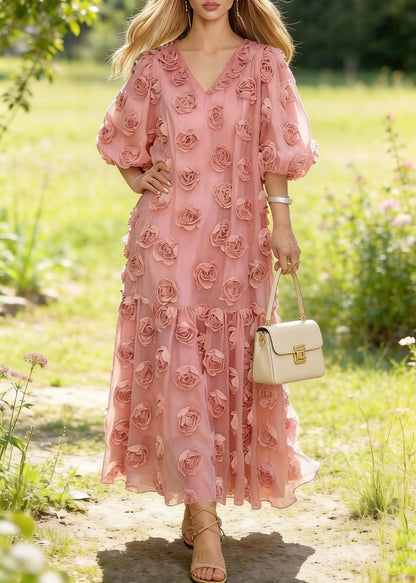 Fitted Pink Oversized Floral Decorated Tulle Party Dresses Summer