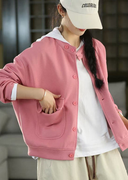 Fitted Pink Oversized Pockets Cotton Jackets Fall