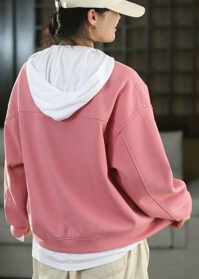 Fitted Pink Oversized Pockets Cotton Jackets Fall