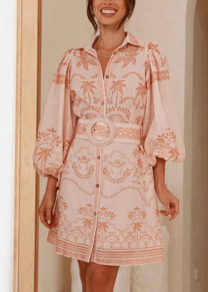 Fitted Pink Peter Pan Collar Print Sashes Cotton Mid Dress Summer