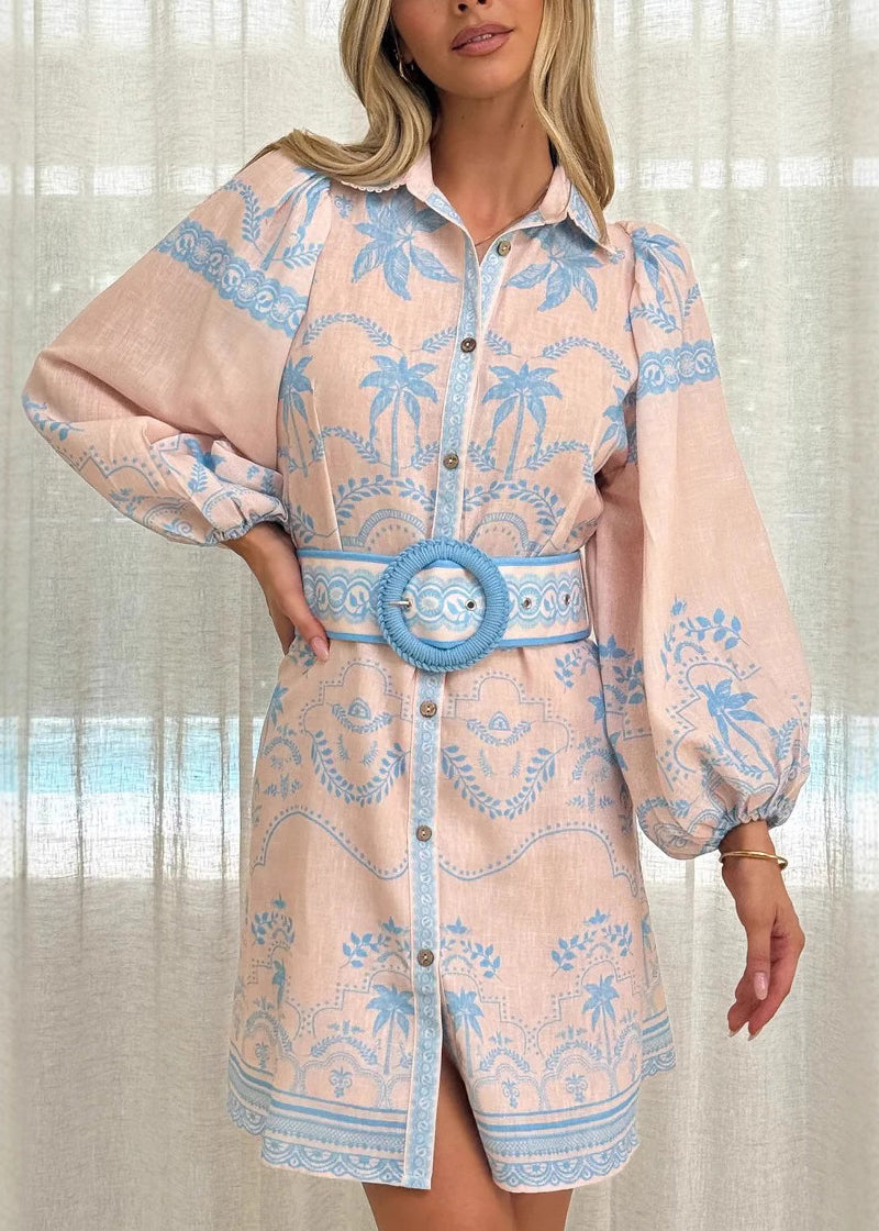 Fitted Pink Peter Pan Collar Print Sashes Cotton Mid Dress Summer