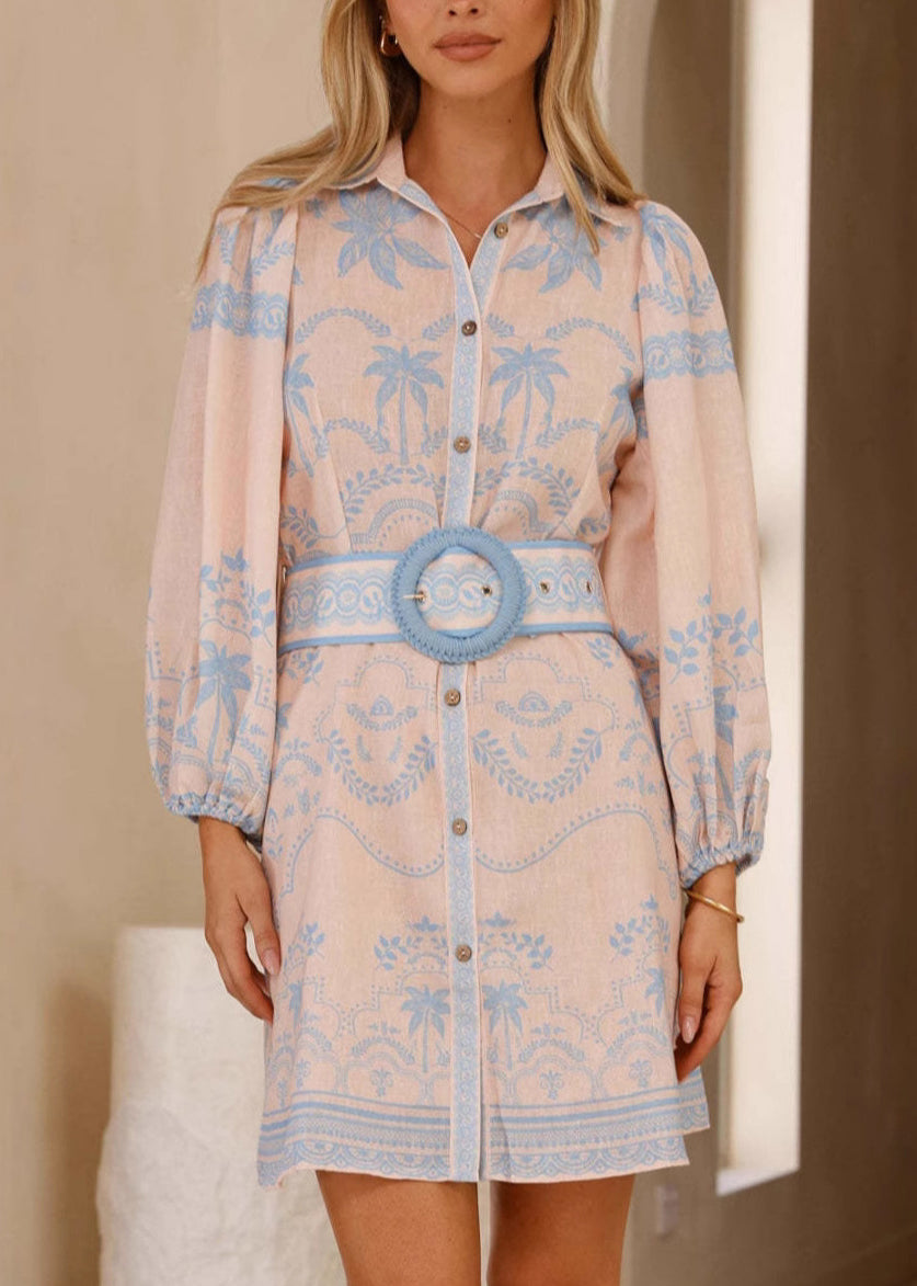 Fitted Pink Peter Pan Collar Print Sashes Cotton Mid Dress Summer