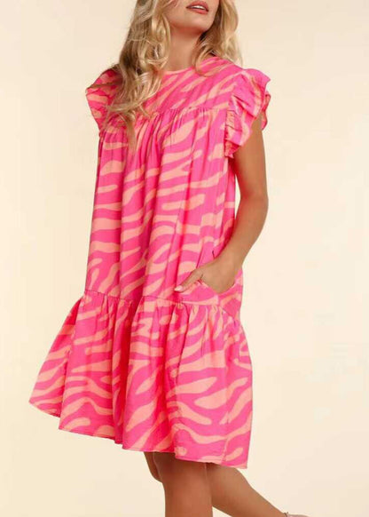 Fitted Pink Ruffled Print Cotton Day Dress Summer