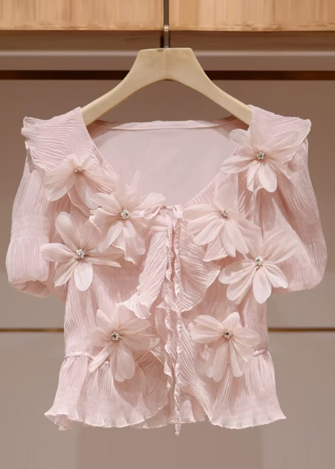 Fitted Pink Stereoscopic Floral Wrinkled Chiffon Shirts Summer