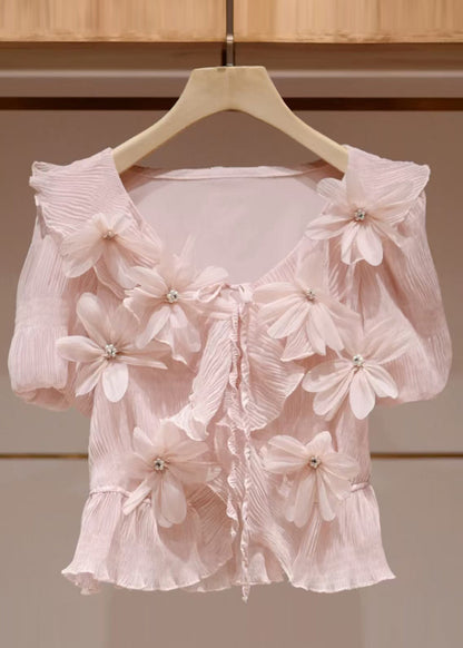 Fitted Pink Stereoscopic Floral Wrinkled Chiffon Shirts Summer