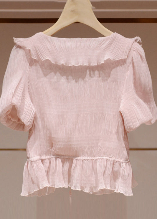 Fitted Pink Stereoscopic Floral Wrinkled Chiffon Shirts Summer
