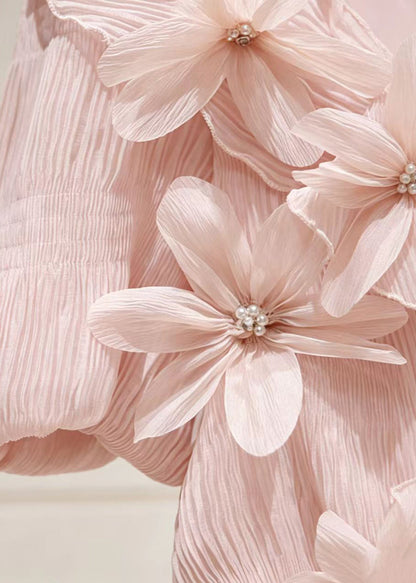Fitted Pink Stereoscopic Floral Wrinkled Chiffon Shirts Summer