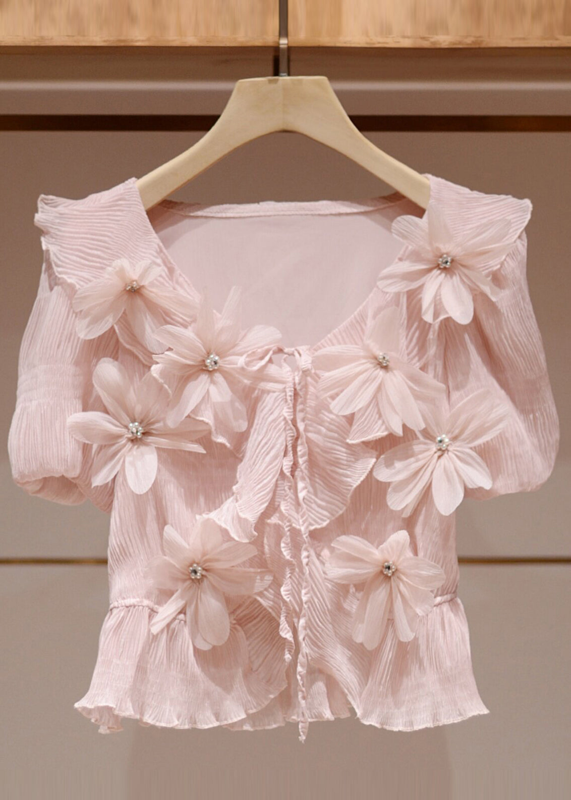 Fitted Pink Stereoscopic Floral Wrinkled Chiffon Shirts Summer