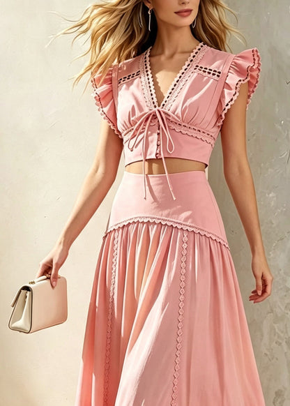 Fitted Pink V Neck Lace Up Top And High Waist Skirts Two-Piece Set Summer