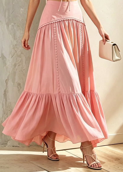 Fitted Pink V Neck Lace Up Top And High Waist Skirts Two-Piece Set Summer