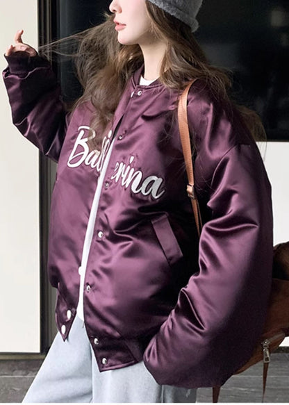 Fitted Purple Embroidered Pockets Fine Cotton Filled Jackets Winter