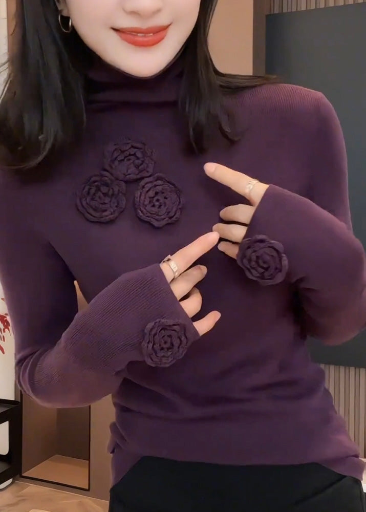 Fitted Purple Hign Neck Floral Patchwork Knit Sweaters Spring