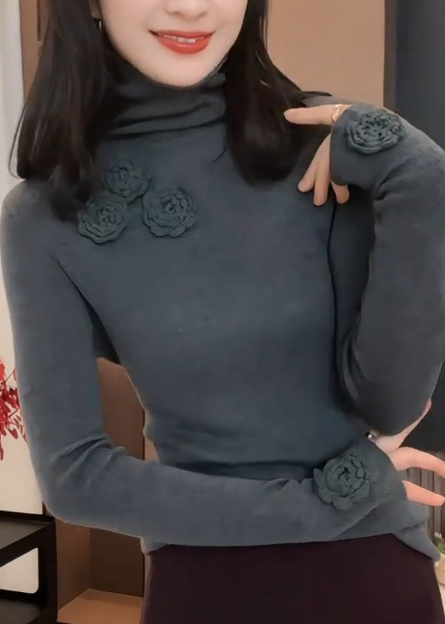 Fitted Purple Hign Neck Floral Patchwork Knit Sweaters Spring