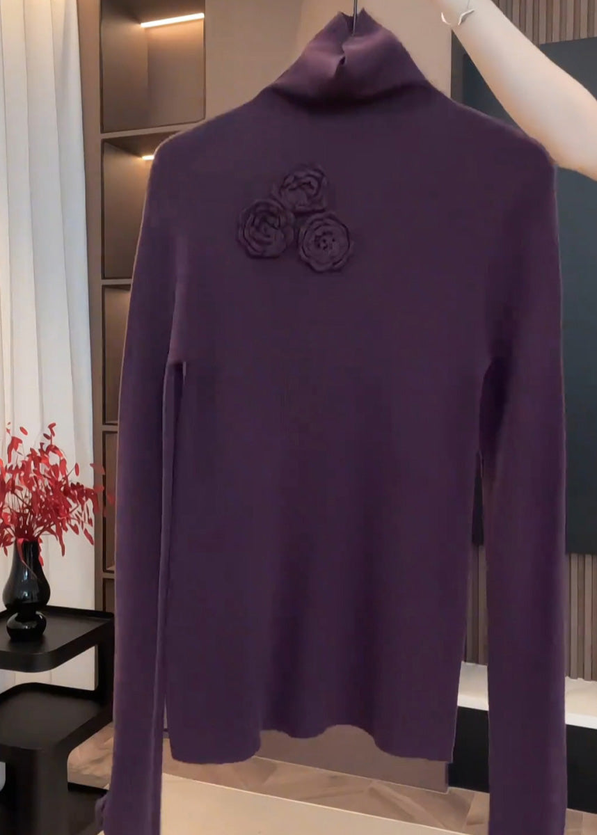 Fitted Purple Hign Neck Floral Patchwork Knit Sweaters Spring